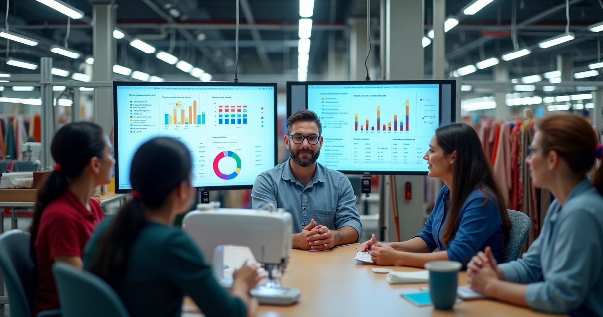 Equipe da confecção reunida acompanhando metas em painéis digitais