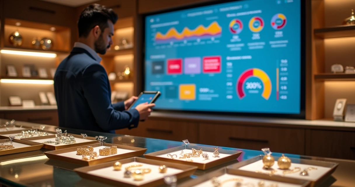 Gestor de joalheria analisando painel de estoque e indicadores de clientes 