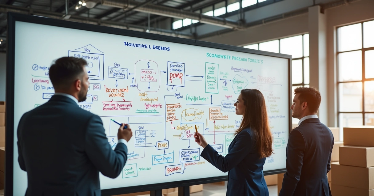 Equipe de atacado em frente a um quadro branco com metas de volume e logística destacadas