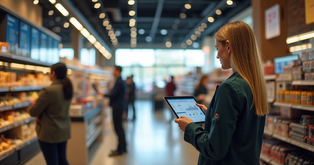 Gestor de loja física acompanha painel de metas em ambiente comercial