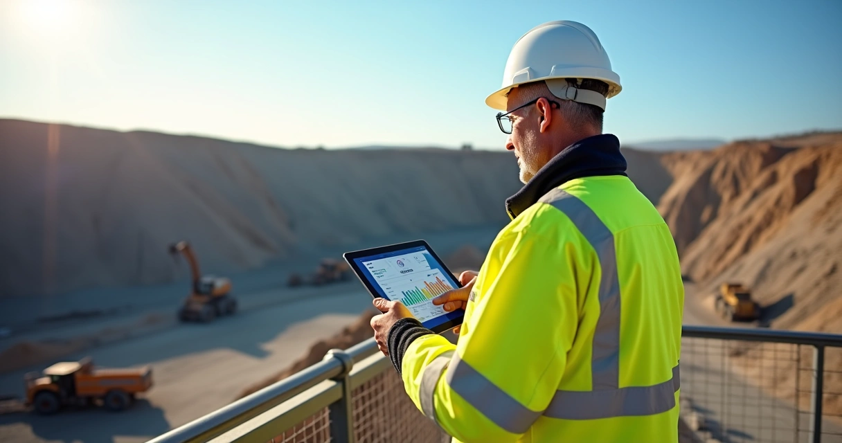 Gestor de mineração analisando painel de OKR em tablet com mina ao fundo 