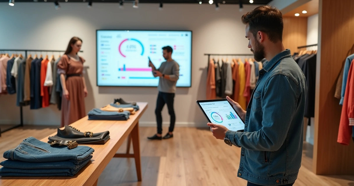 Gestor de varejo de moda analisando painel de OKRs em loja de roupas 