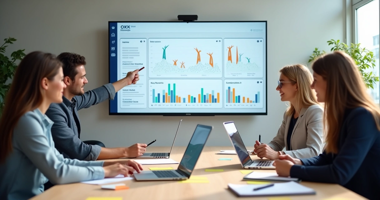 Gestores de pequena empresa em reunião analisando painel de métricas e objetivos 