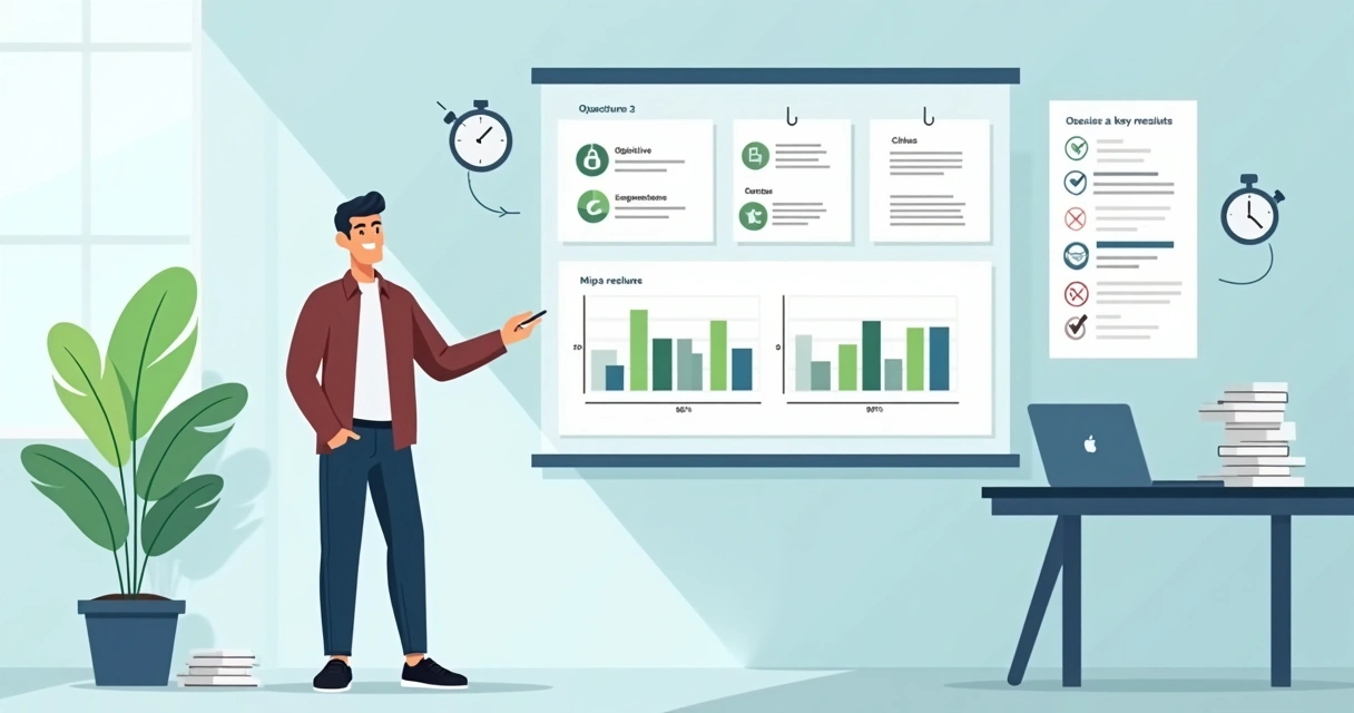Gestor de PME organizando objetivos e resultados-chave em painel visual simples 