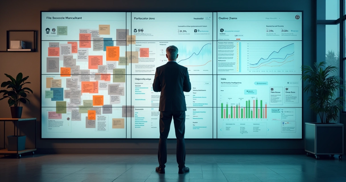 Gestor de PME em frente a painel luminoso comparando consultor e automação de OKR 