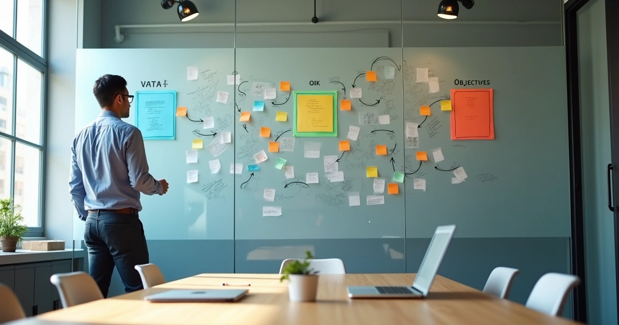 Gestor de PME ajustando painéis coloridos de metas em parede de vidro 