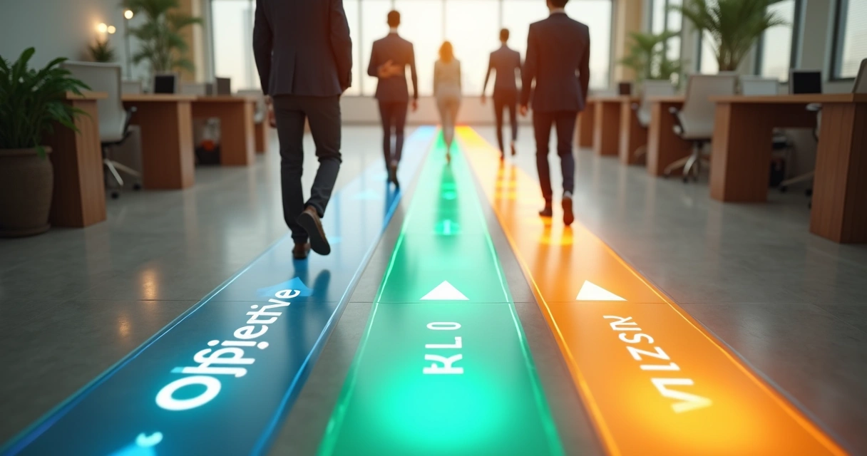 Equipe de PME caminhando sobre setas coloridas que formam uma rota estratégica 