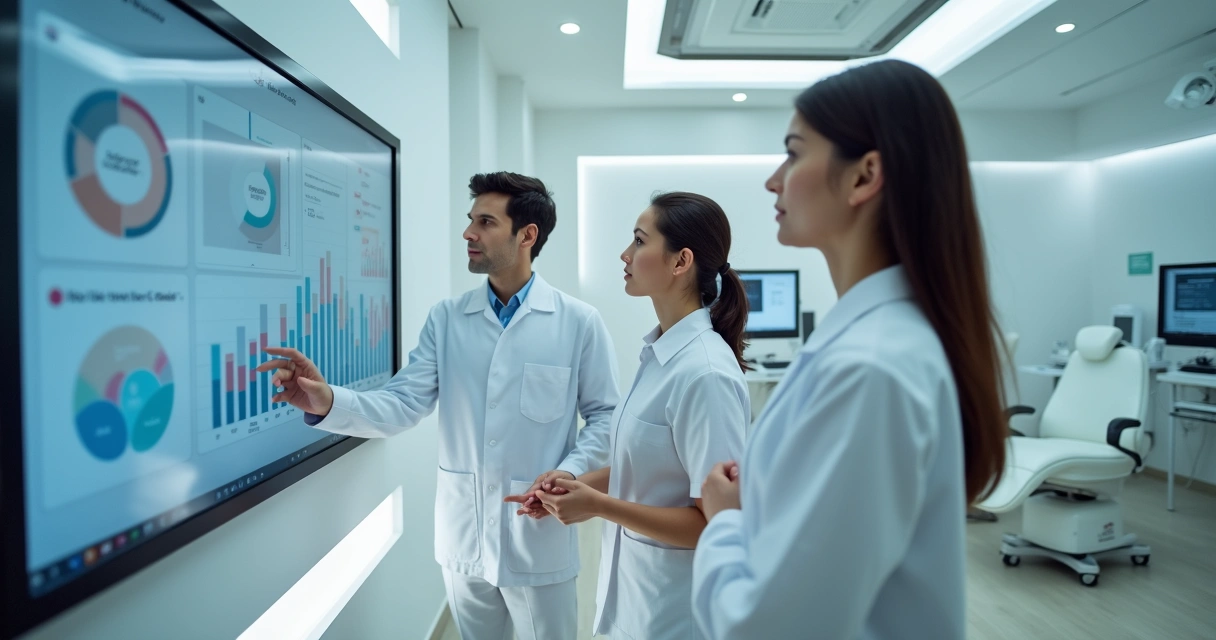 Profissionais de clínica de estética revisando tarefas em painel digital