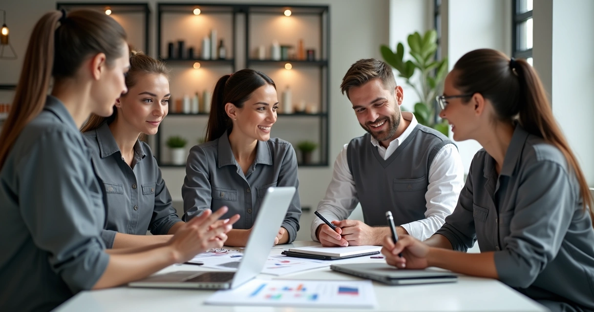 Equipe de salão de beleza discutindo metas em reunião casual