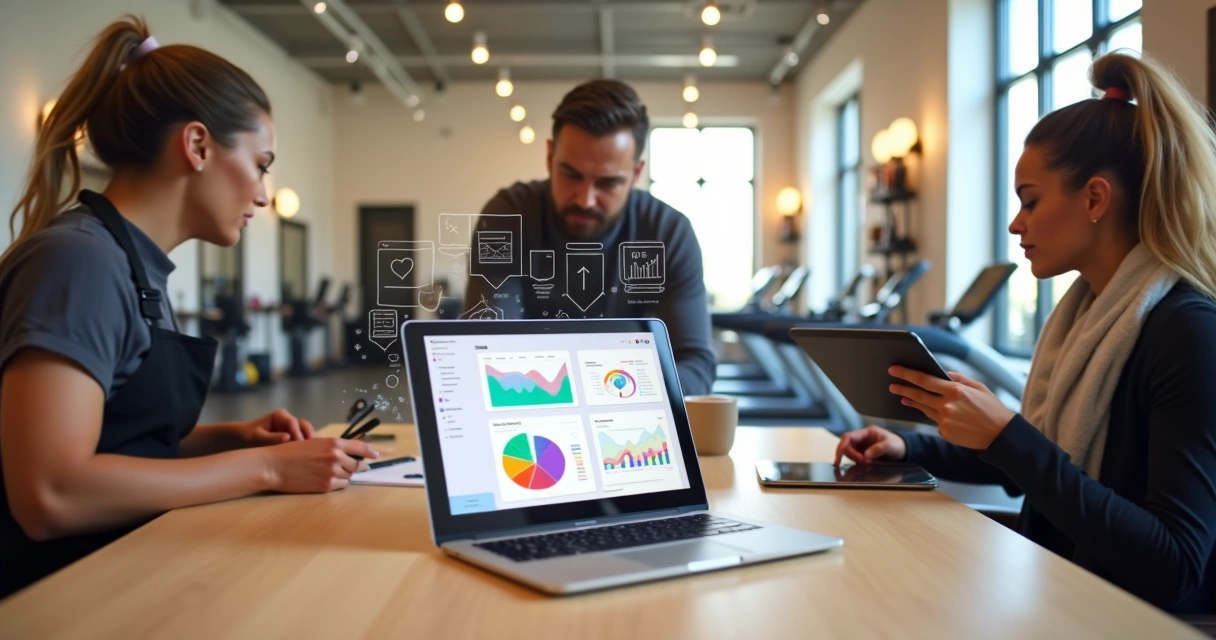 Gestores de salão e academia analisando painel de metas em laptop 