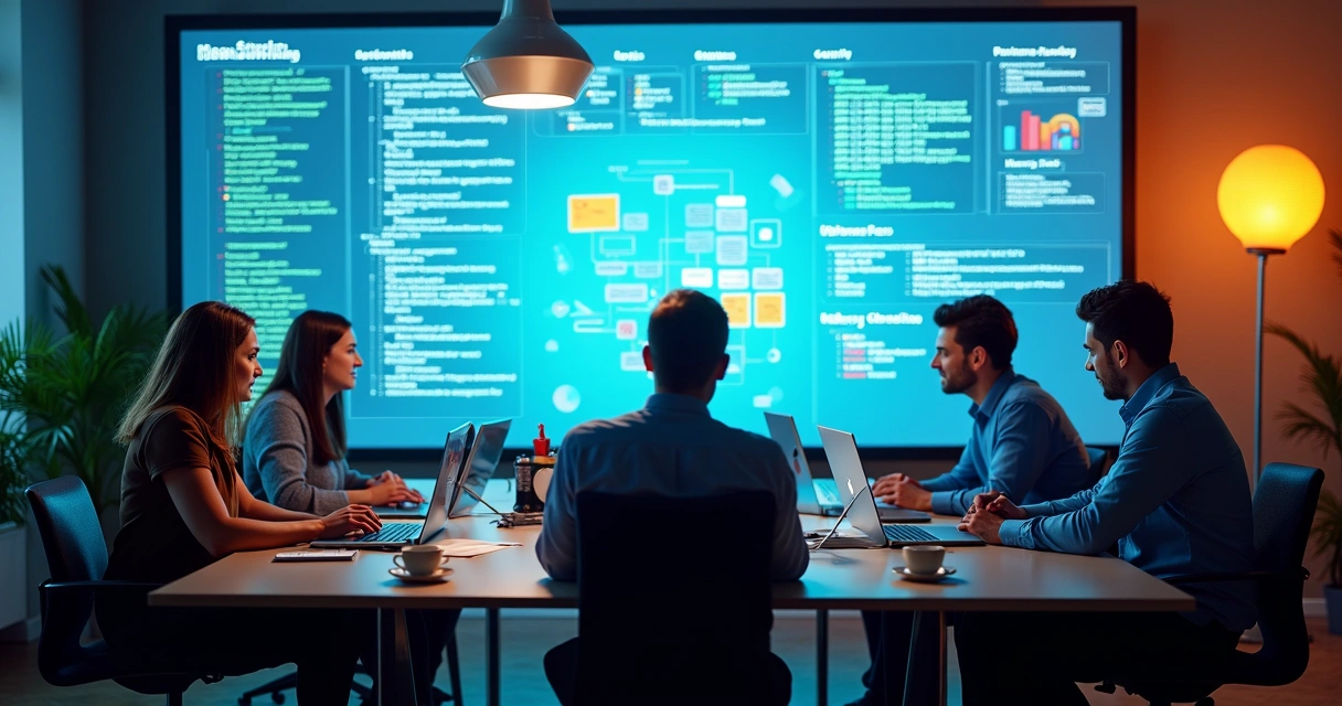 Times de desenvolvimento e suporte discutindo objetivos e metas em quadro branco digital