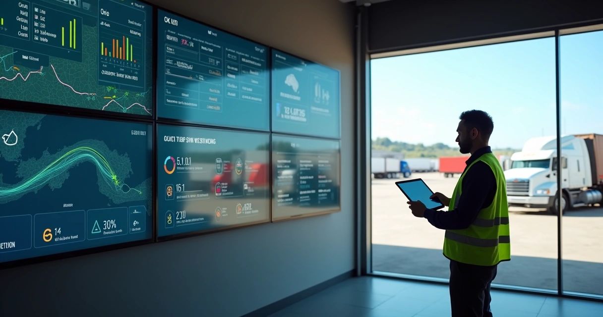 Gestor de transporte acompanhando painel de OKR com frota de caminhões ao fundo 