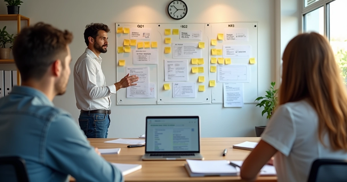 Gestor de PME anotando metas trimestrais em parede com post-its coloridos 