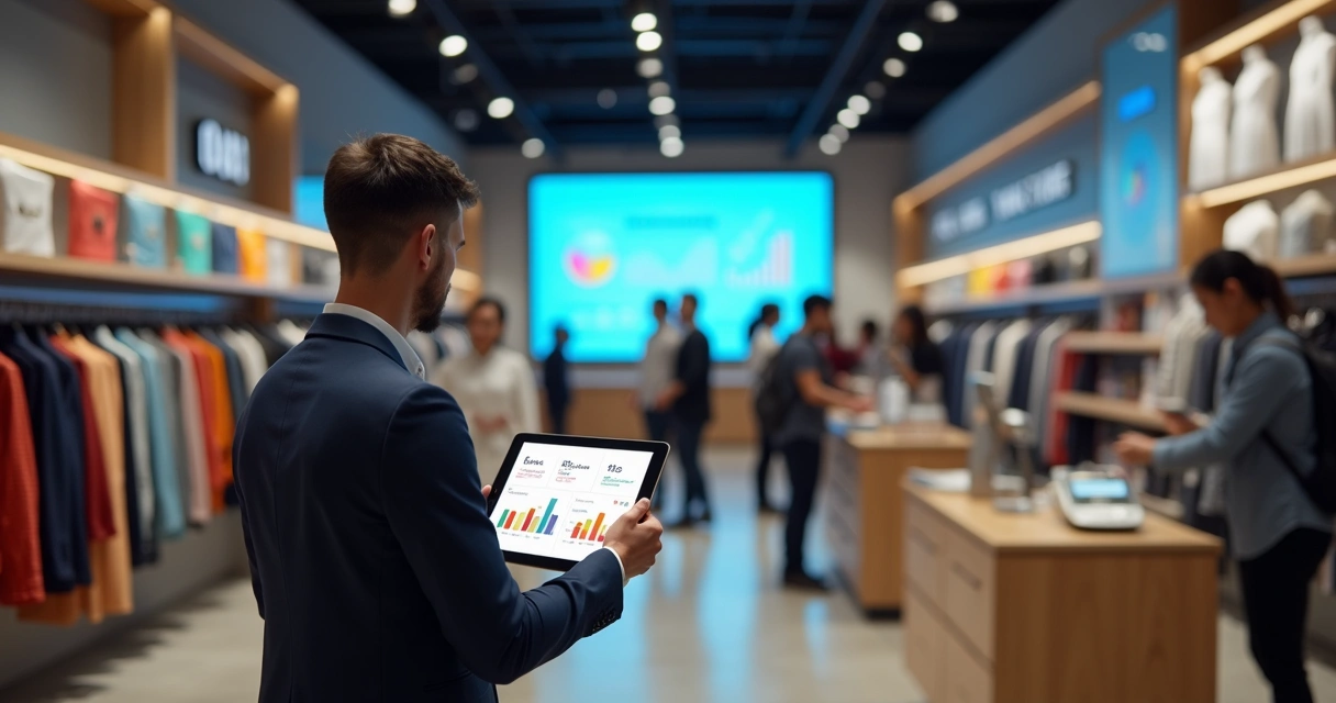 Gestor de loja física analisando painel de OKRs em tablet no meio do salão de vendas 