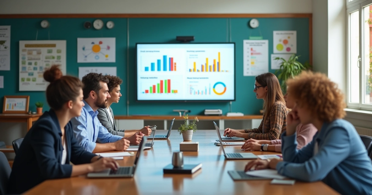 Reunião de professores e gestores escolares analisando um dashboard de metas educacionais.