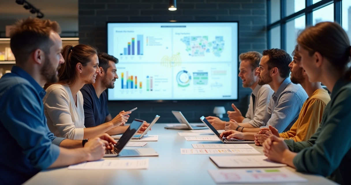 Equipe de vendas varejista alinhando metas em reunião 