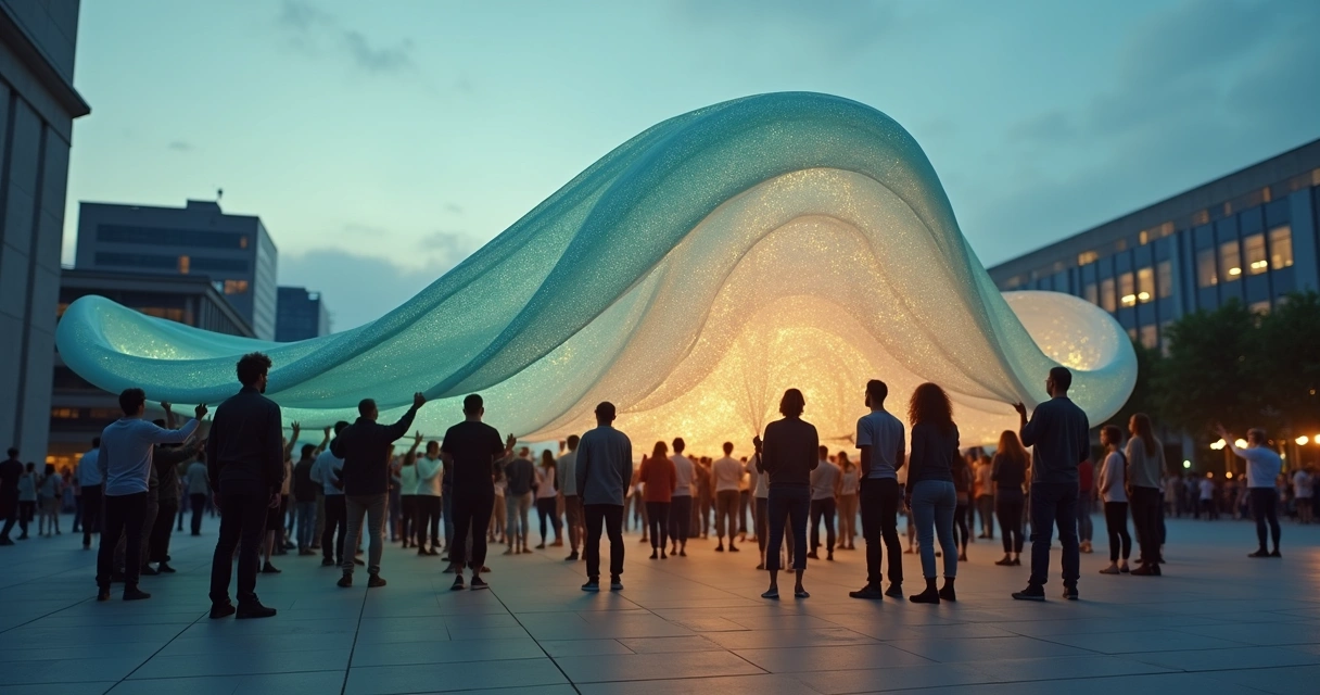 Grupo de personas sostiene una tela gigante formando una ola de energía luminosa 