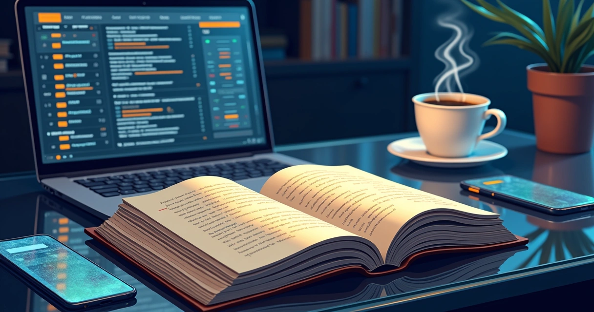 Old financial book on a modern desk with a laptop and coffee mug nearby