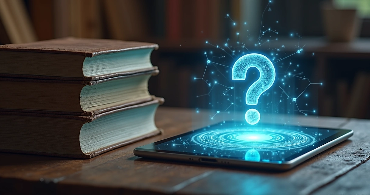 Old books stacked beside a futuristic glowing tablet on a desk 