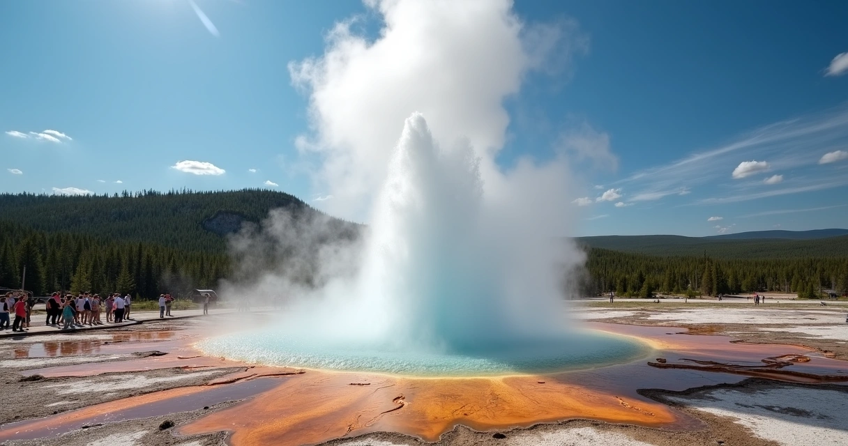 Gêiser Old Faithful em erupção, com vapor subindo no parque Yellowstone 