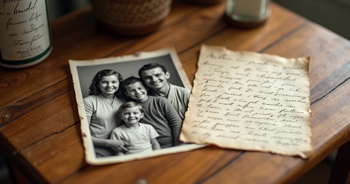 Old family photo placed on a wooden table beside a handwritten letter 