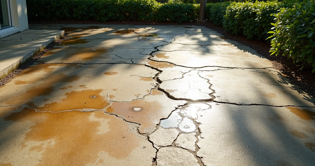 A cracked concrete patio with visible water stains 