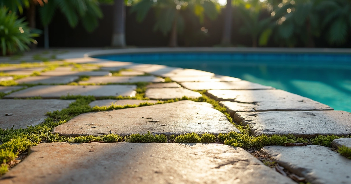 Worn pool deck pavers with discoloration and cracks, Central Florida 