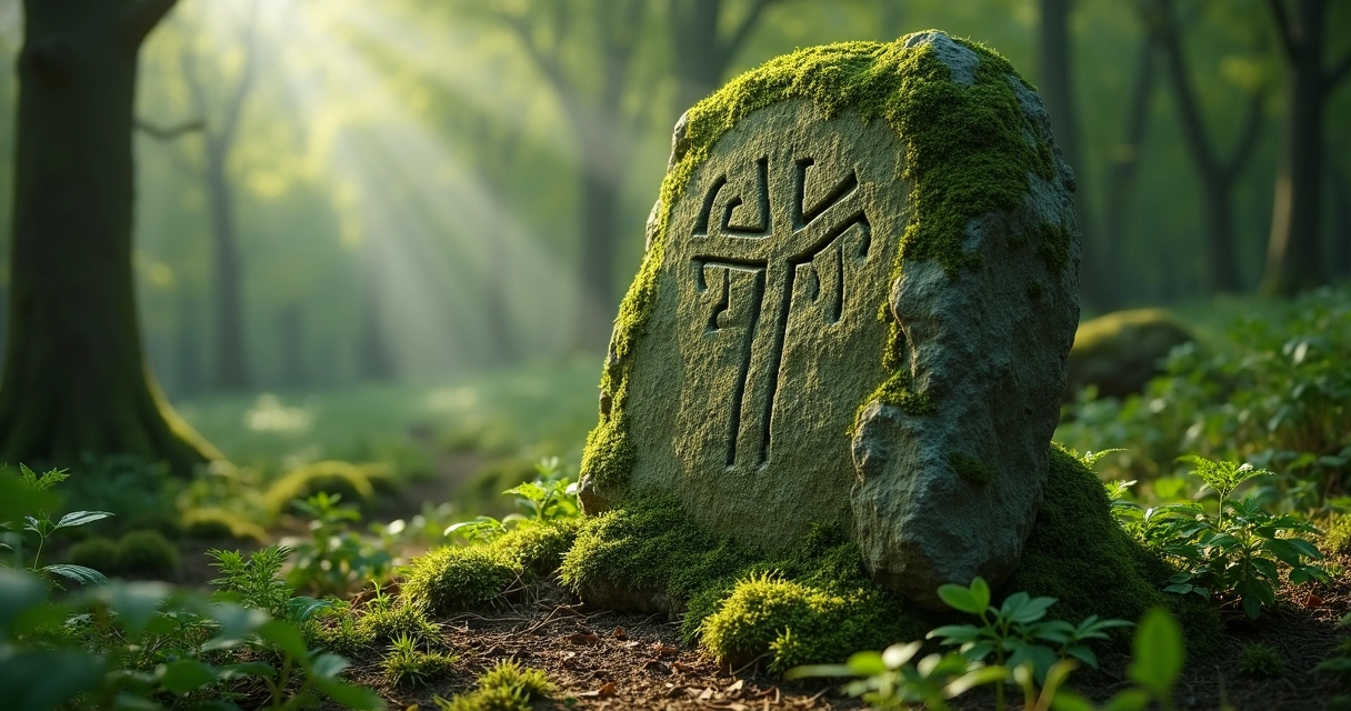 Ancient rune stone covered in moss in a green forest