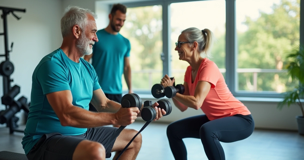 Man and woman over 50 using dumbbells in a bright gym 