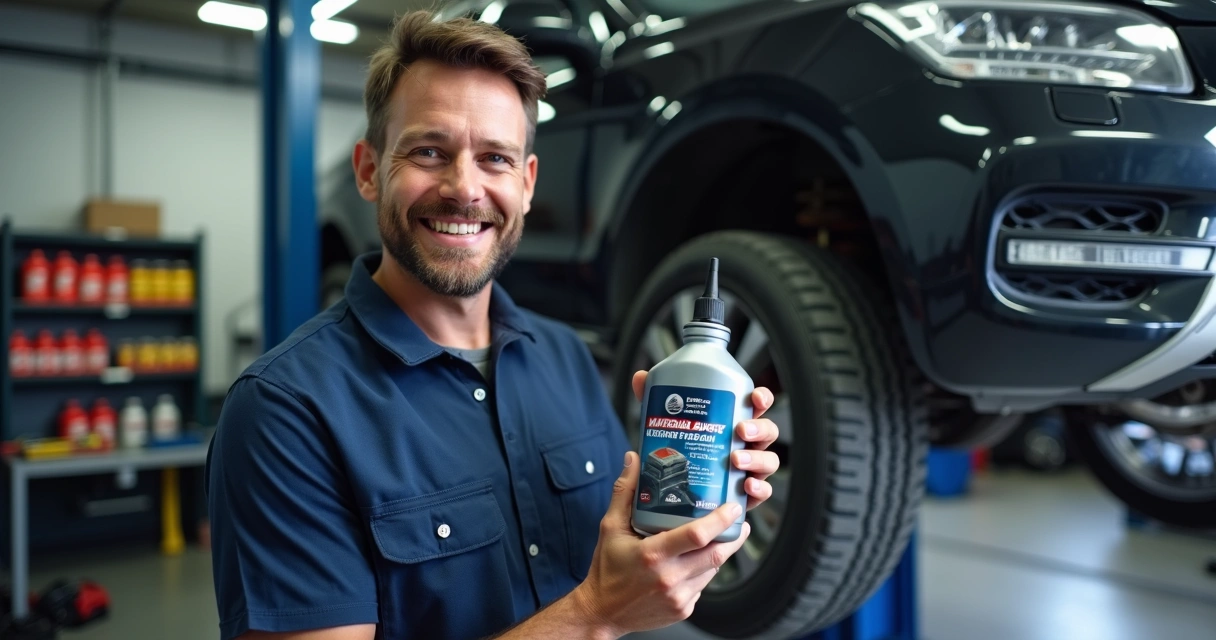Troca de óleo em oficina automotiva especializada com mecânico sorridente