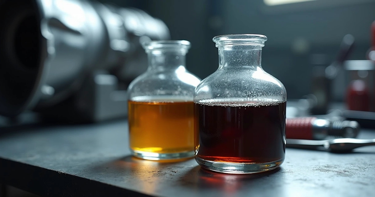 Vaso transparente mostrando fluido de câmbio automático limpo e sujo, em oficina