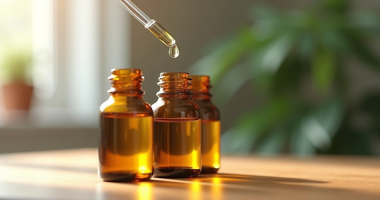 Frascos transparentes de óleo de canabidiol alinhados com gotas caindo do conta-gotas 