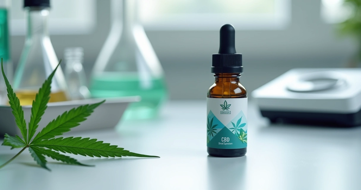 Frasco de óleo de cannabis broad spectrum em bancada de laboratório 