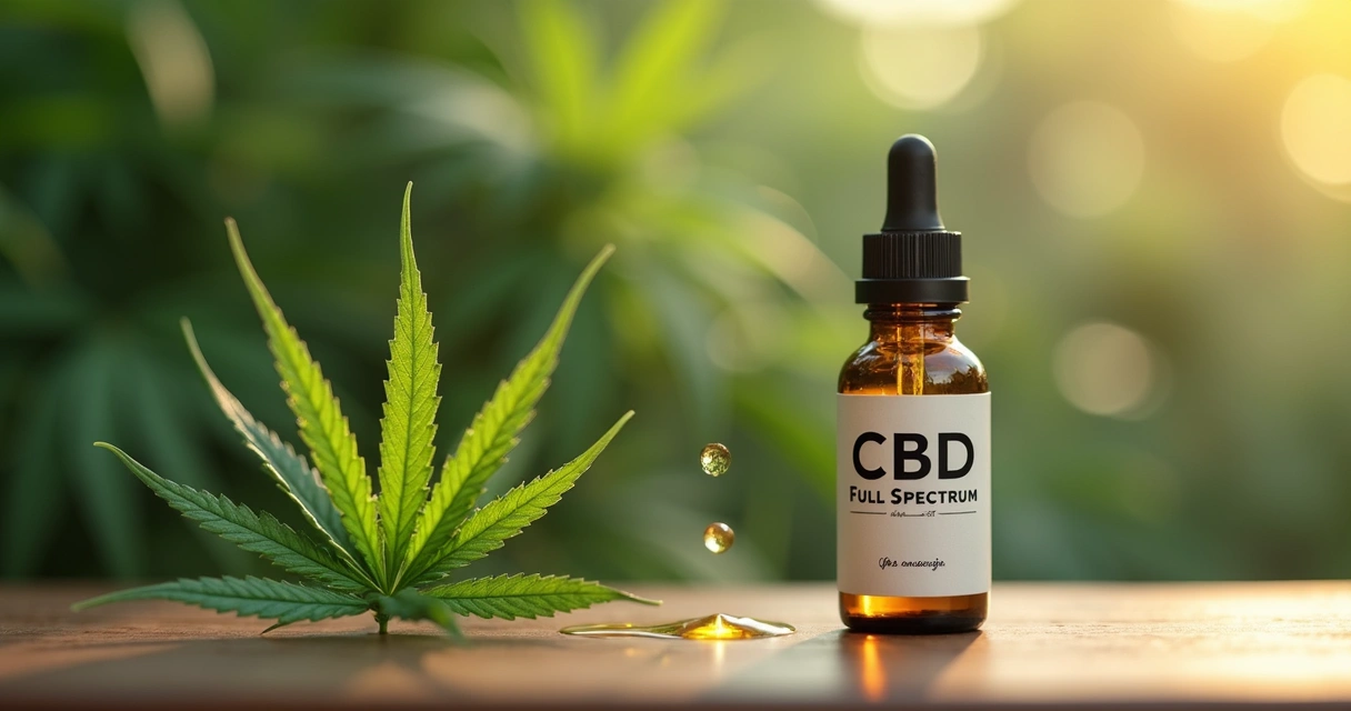 Frasco de óleo de CBD full spectrum pingando gotas sobre folha de cannabis em fundo natural 