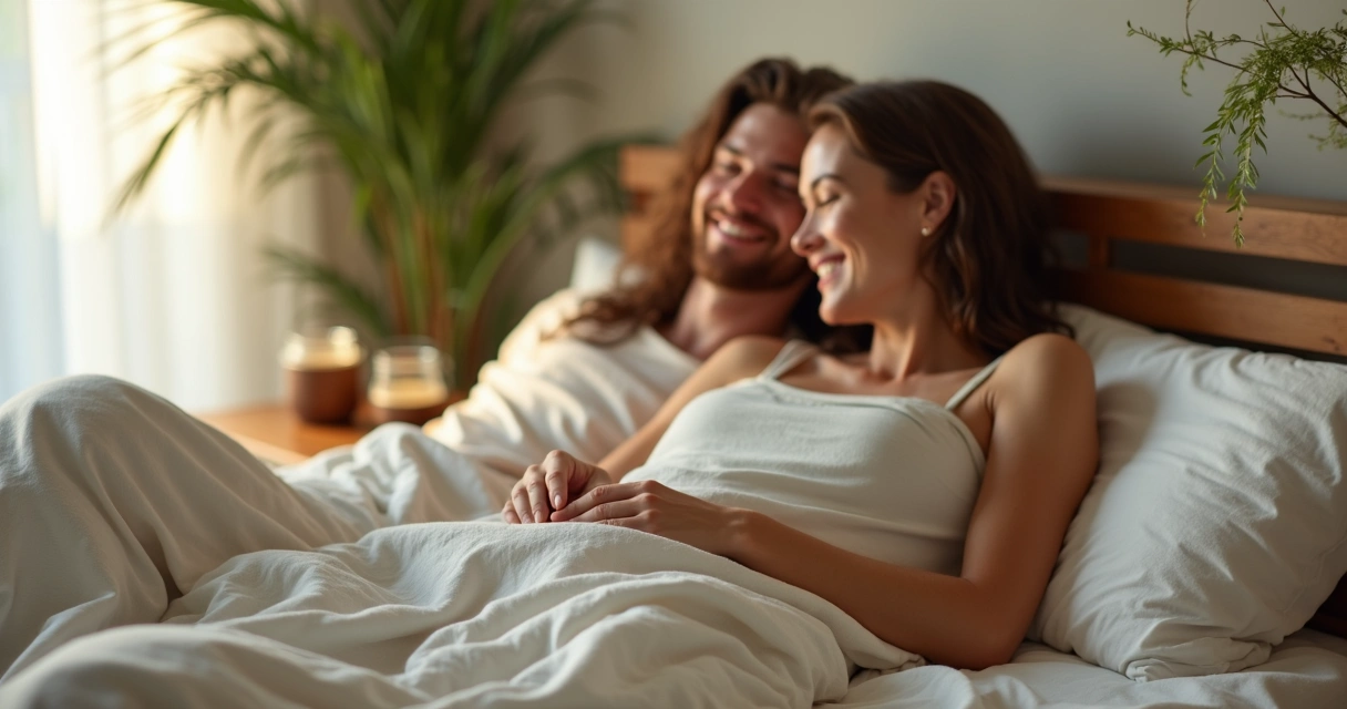 Casal sorrindo juntos em ambiente aconchegante com pote de óleo de coco sobre mesa 