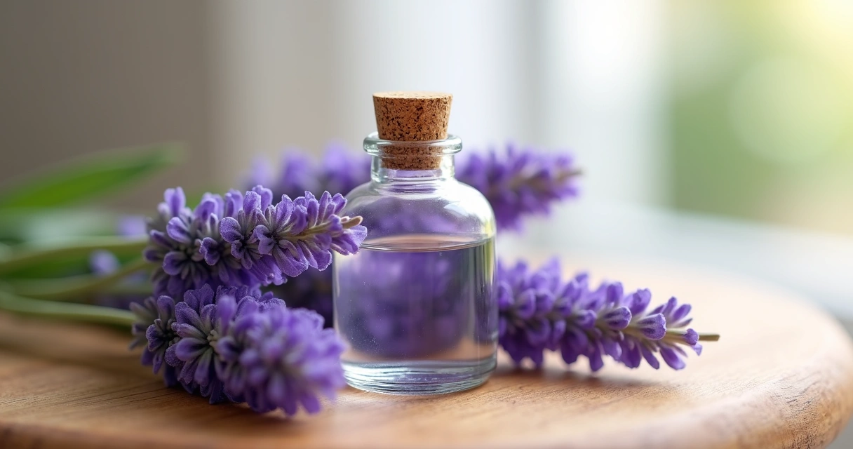 Frasco de vidro com óleo essencial de lavanda ao lado de flores de lavanda frescas 