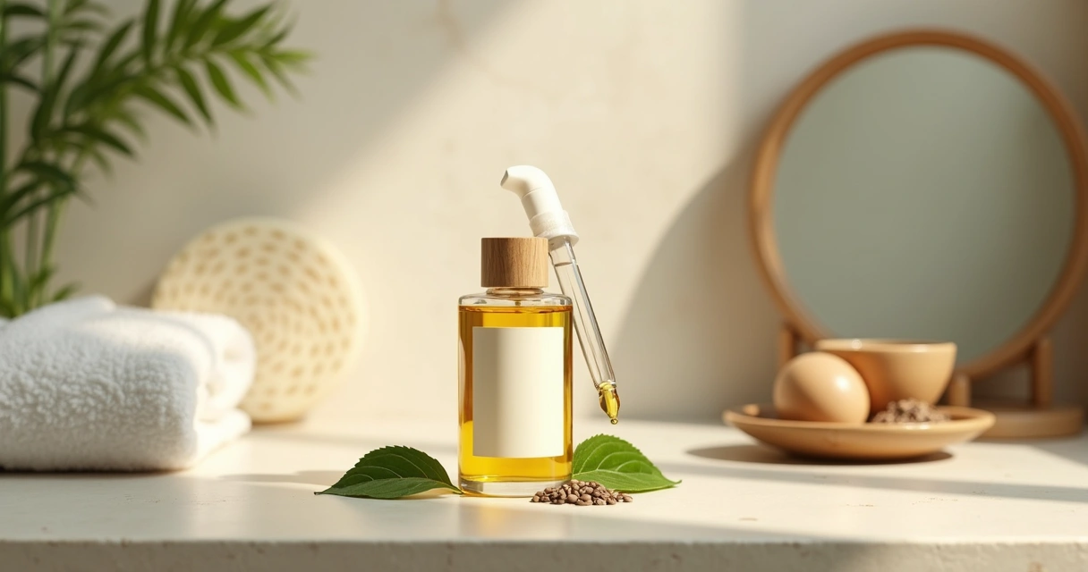 Frasco de óleo de moringa ao lado de folhas verdes em bancada de banheiro 