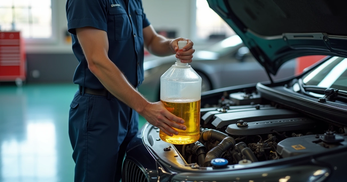 Mecânico segurando recipiente de óleo ao lado de motor de carro aberto 