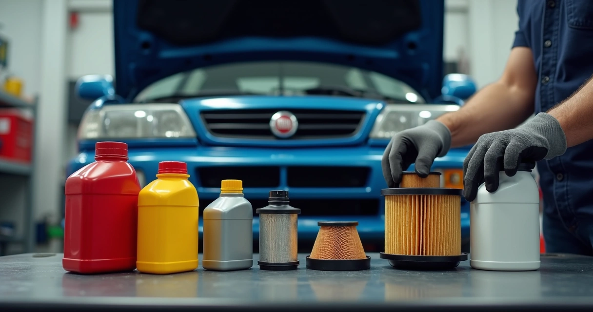 Frascos de óleo e filtros automotivos organizados