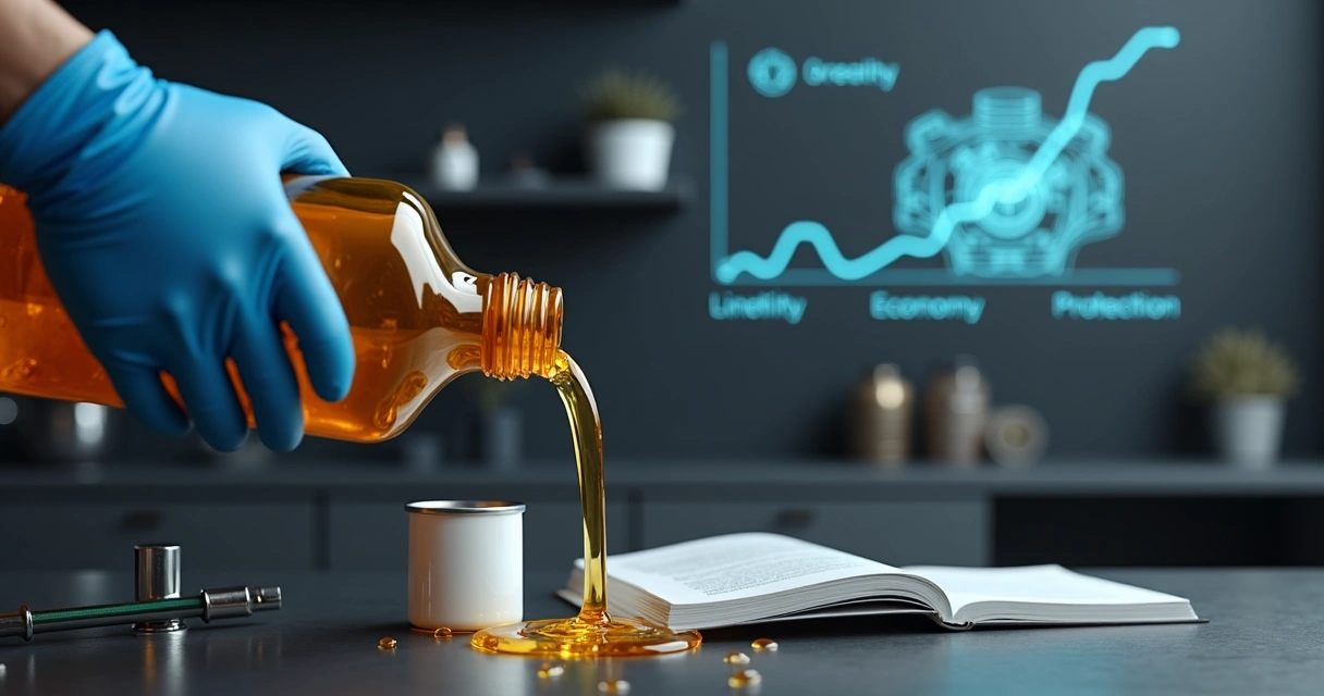 Mão com frasco de óleo de motor derramando gotas diante de gráfico de durabilidade do motor 