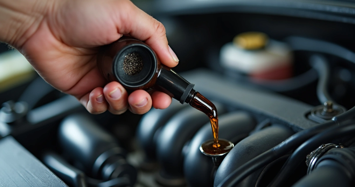Vareta de óleo do motor sendo retirada para verificação com óleo escuro e brilho metálico 