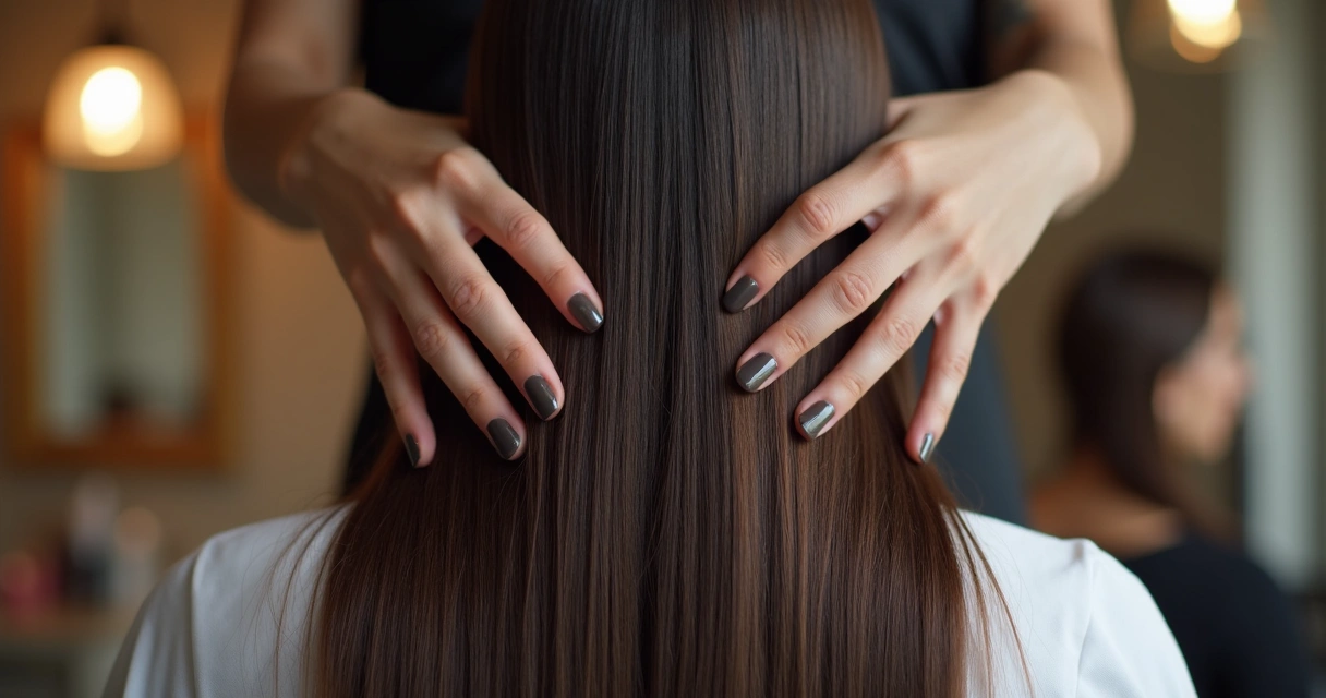 Mãos de profissional aplicando óleo em cabelo comprido em salão 