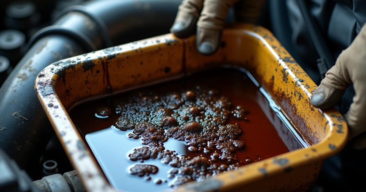 Óleo velho do motor contendo resíduos em bandeja 