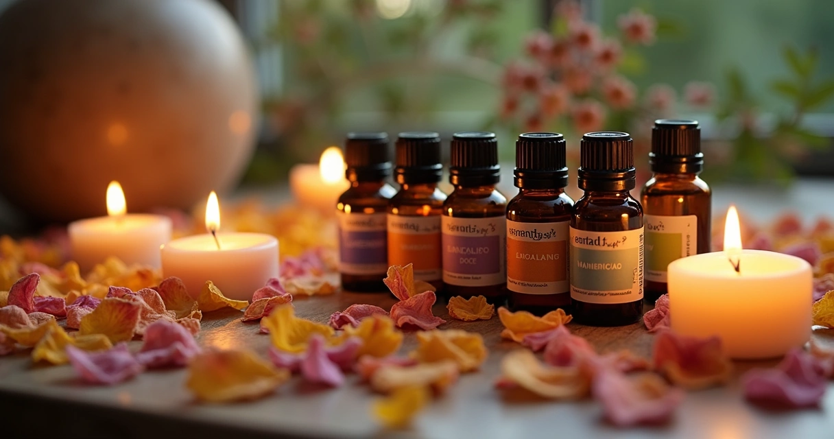 Diversos frascos de óleos essenciais, flores secas coloridas e velas acesas sobre uma mesa de madeira clara