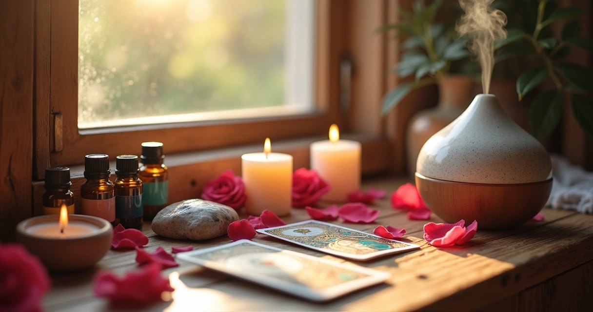 Difusor com óleos, flores e velas em altar místico