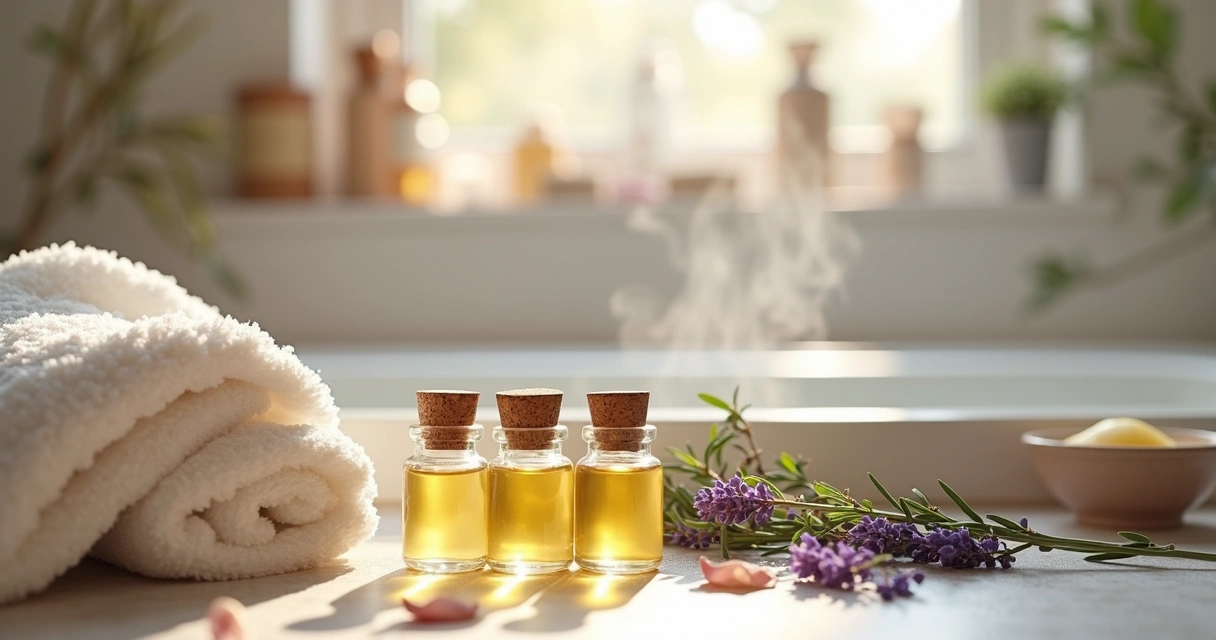 Frascos de óleos aromáticos, toalha branca e flores ao lado de uma banheira. 