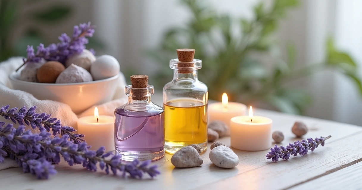 Frascos de óleos aromáticos com flores secas e velas ao redor em uma mesa clara 