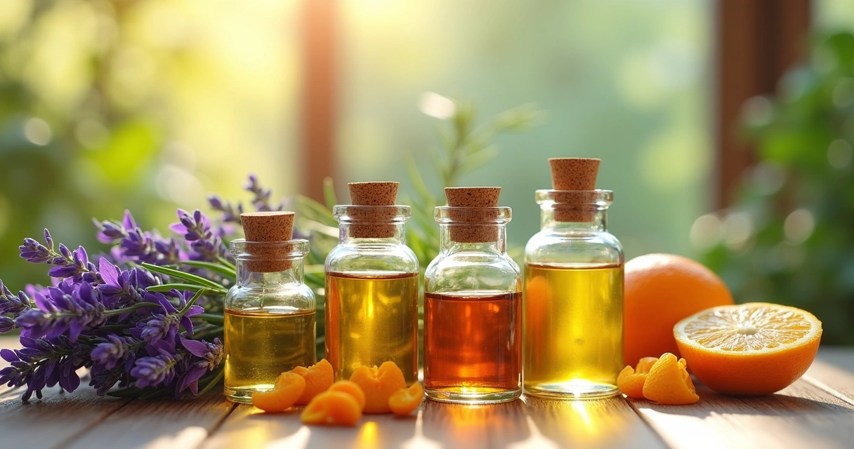 Variedade de óleos aromáticos em frascos de vidro com flores ao redor 