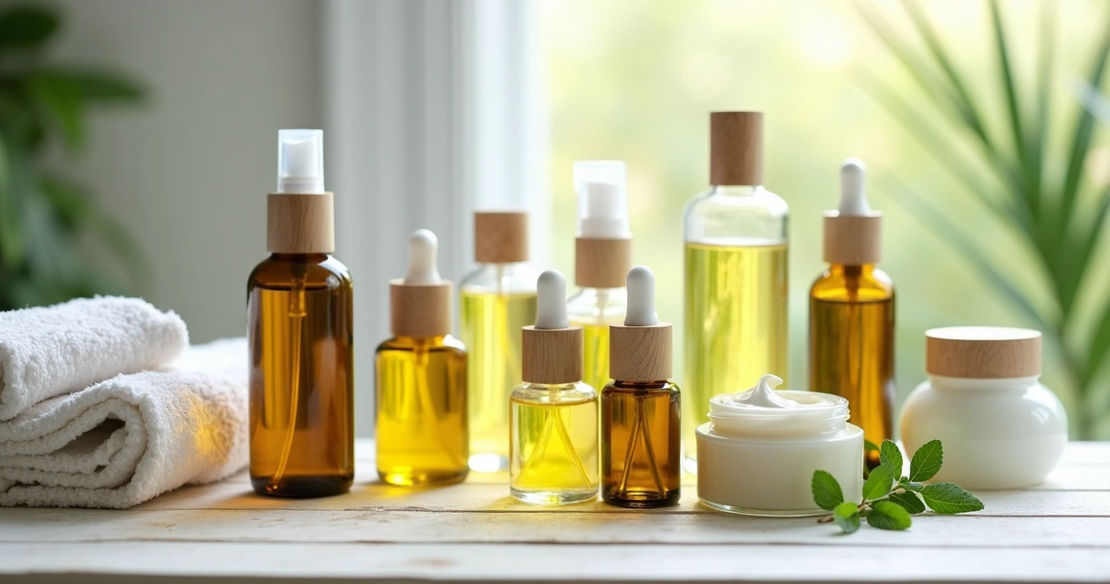 Variedade de óleos naturais e cremes em frascos de vidro transparente 