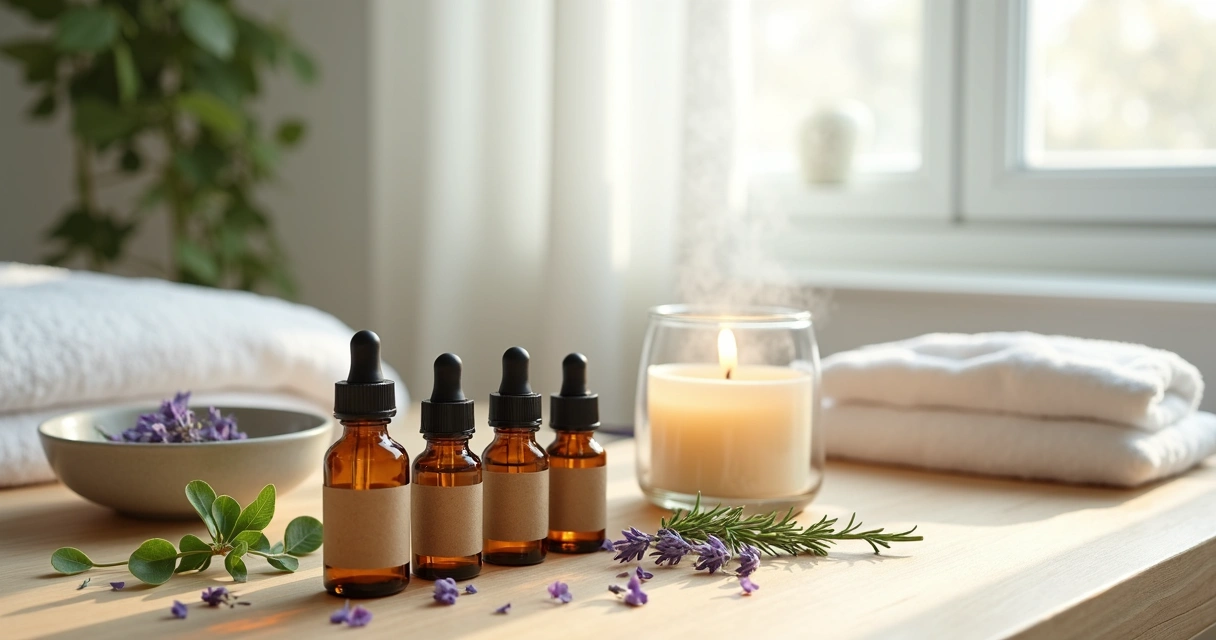 Frascos de óleos essenciais em vidro âmbar sobre mesa com plantas e velas 